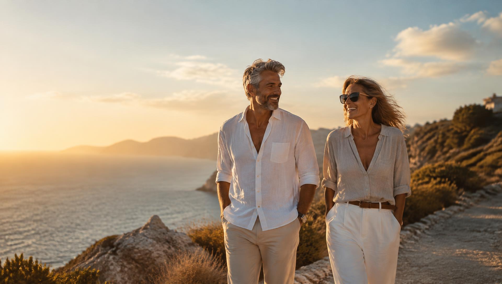 Two friends in their late fifties walking a coastal path at sunset
